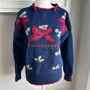 Vintage 80s Carriage Club 100% Shetland Wool Floral Butterfly Turtleneck Sweater